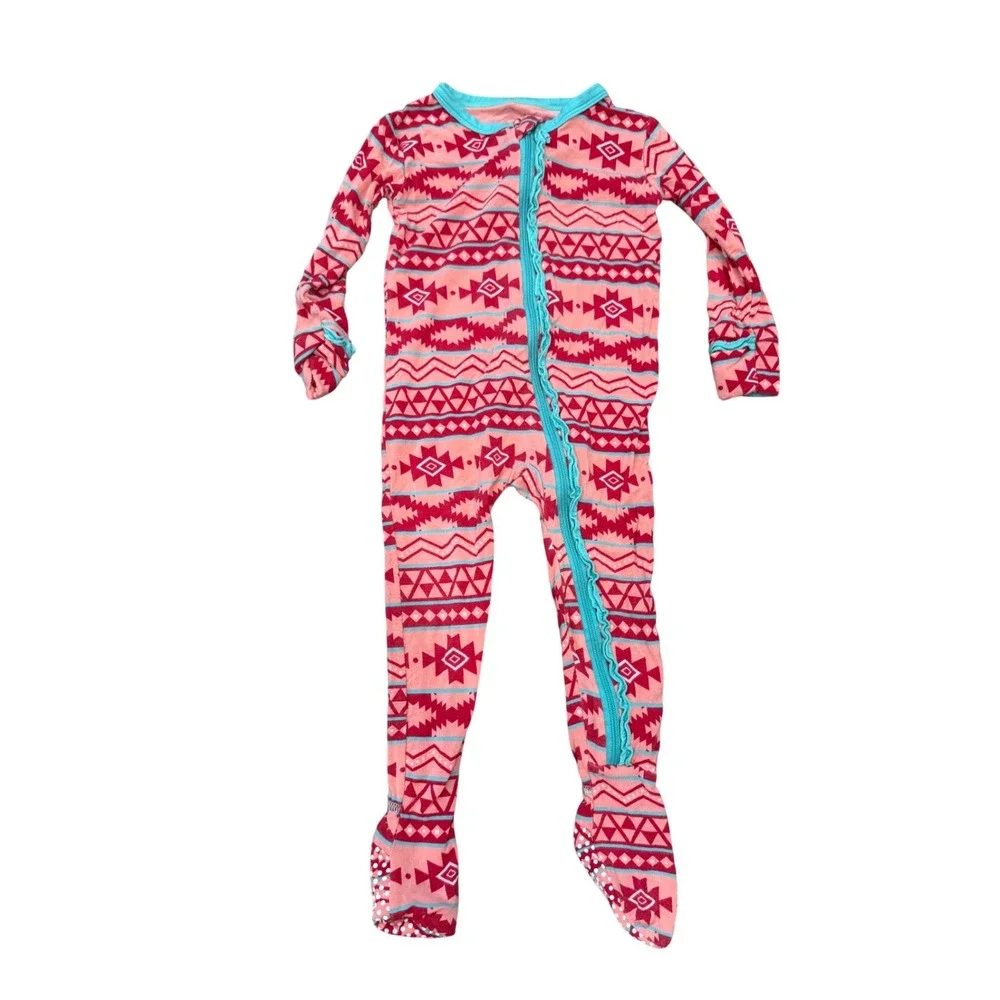 KicKee Pants‎ Pink Teal Southwestern Bamboo Footie Pajamas Ruffle 9-12 Months